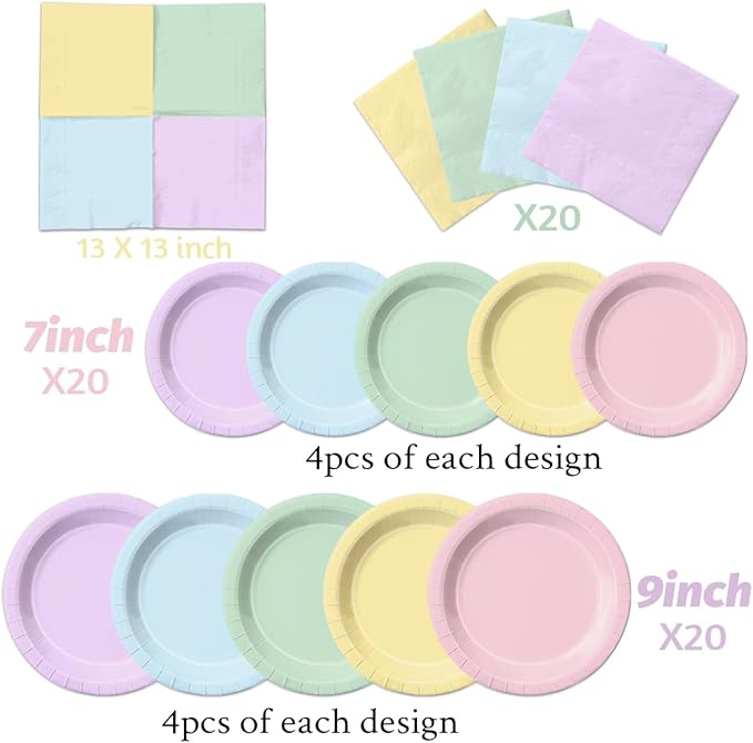 CMUSKO Pastel Party Decorations - 60Pcs Rainbow Plates and Napkins Unicorn Colorful Tableware for Girl Birthday,Baby Shower,Wedding