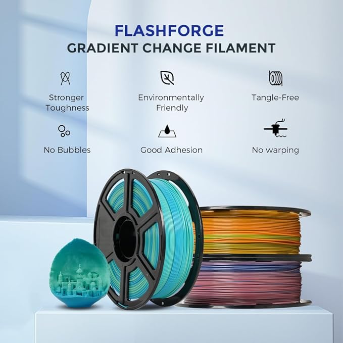 FLASHFORGE 3D Printer Filament Gradient Color Change PLA Filament 1.75mm, 1KG Spool (2.2lbs), Dimensional Accuracy +/- 0.02mm, Better Tenacity & No Knotting 3D Printing Filament (Blue&Yellow)