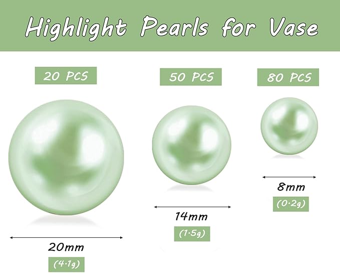 150Pcs Light Green Polished No Hole Faux Pearl Beads for Vase Filling Decorations, Plastic Pearls Vase Fillers, Table Scatters, Wedding Centerpiece, Home Decor, 8/14/20 mm