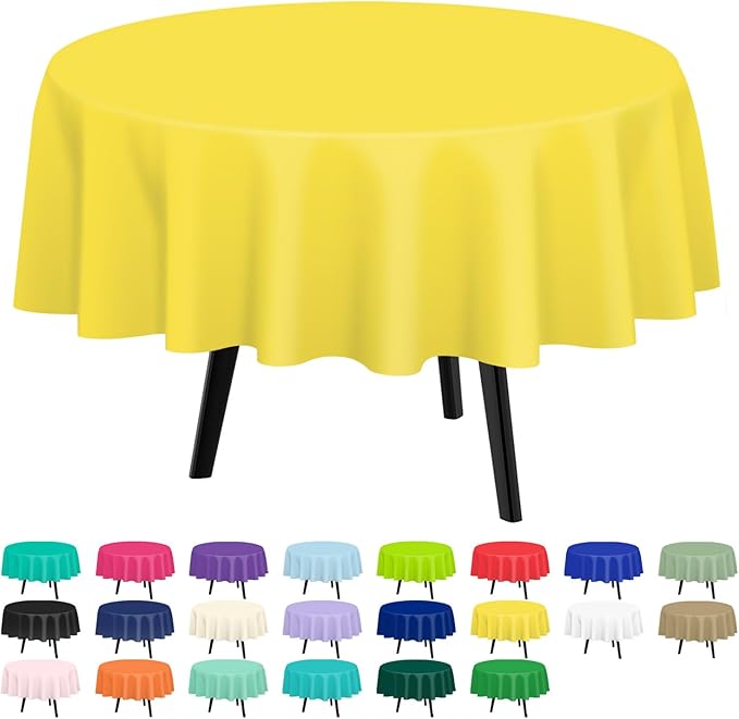 QIKSION Yellow Round Tablecloth 12 Pack, 84 Inch Plastic Table Cover Disposable for Parties