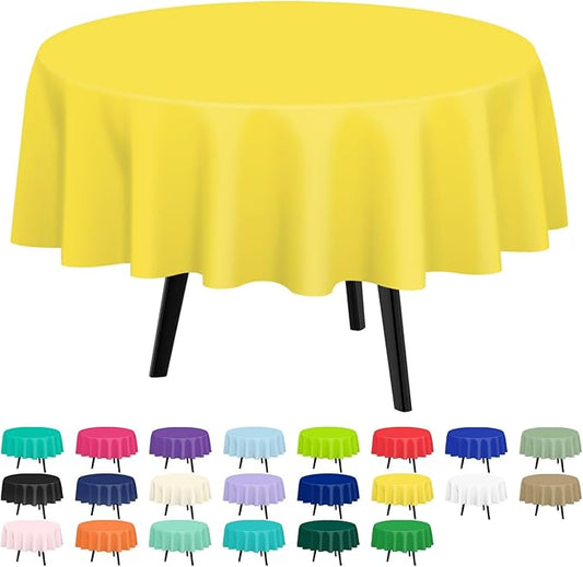 QIKSION Yellow Round Tablecloth 12 Pack, 84 Inch Plastic Table Cover Disposable for Parties