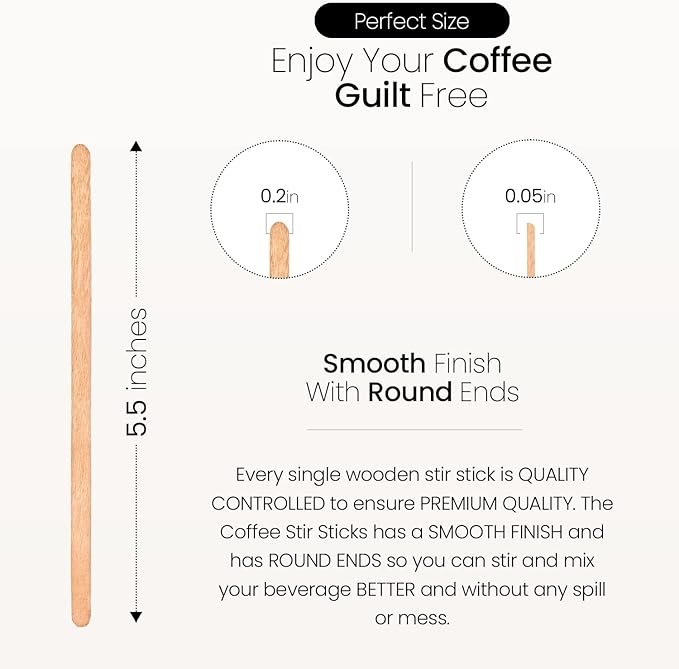 Coffee Stirrers Disposable Wooden Coffee Stir Sticks - Round-End Birchwood 5.5 Inches Large Wooden Stir Sticks - Pack of 500 Wood Stir Sticks, Coffee Sticks, Stirrers