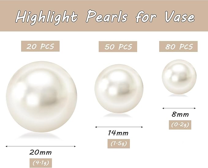 150Pcs Cream Polished No Hole Faux Pearl Beads for Vase Filling Decorations, Plastic Pearls Vase Fillers, Table Scatters, Wedding Centerpiece, Home Decor, 8/14/20 mm