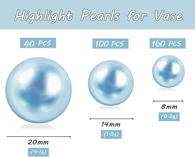 300Pcs Light Blue Polished No Hole Faux Pearl Beads for Vase Filling Decorations, Plastic Pearls Vase Fillers, Table Scatters, Wedding Centerpiece, Home Decor, 8/14/20 mm