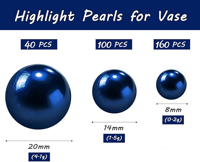 300Pcs Navy Blue Polished No Hole Faux Pearl Beads for Vase Filling Decorations, Plastic Pearls Vase Fillers, Table Scatters, Wedding Centerpiece, Home Decor, 8/14/20 mm