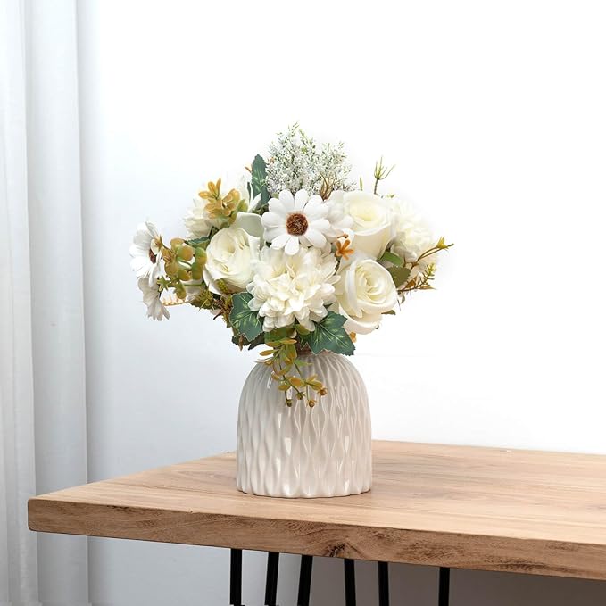 Epicpetal Fake Flowers in Vase, Artificial Pink Flowers in Vase for Decoration Faux Flowers Fake Floral for Home Decor Indoor Dining Table Centerpiece (White)