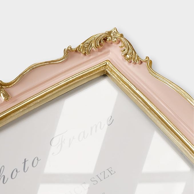 Cuspin Vintage Pink 5x7 Picture Frame, Pink and Gold 5 by 7 Antique Photo Frames, Ornate Textured Hand-Crafted Resin Frame with Glass Front for Tabletop Display, Retro Design Home Decor