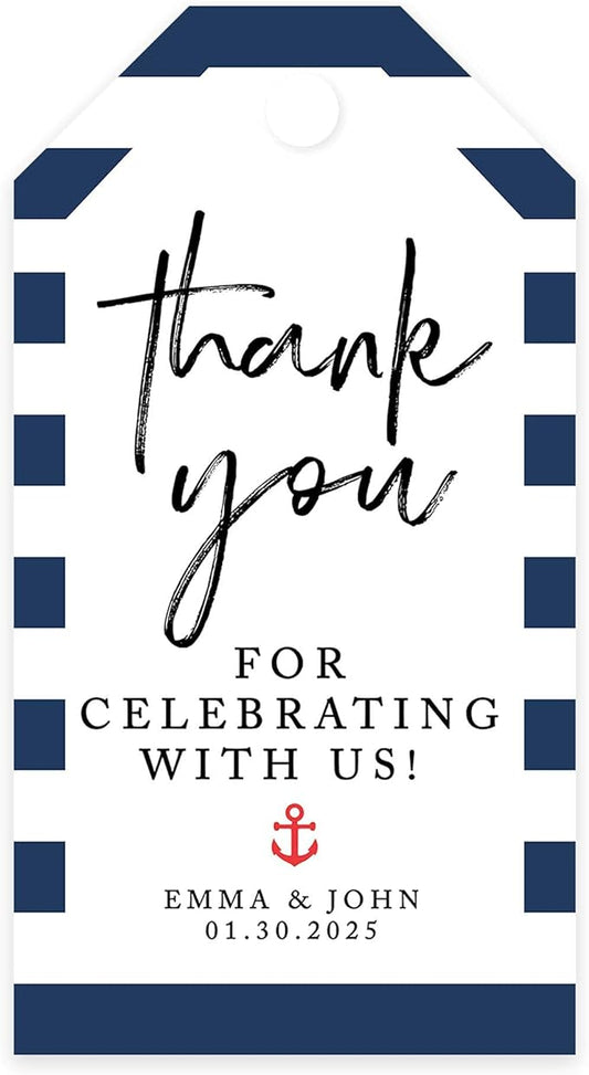 Andaz Press 100-Pack Personalized Thank You Tags with Bakers Twine Nautical Beach Custom Cardstock Wedding Gift Tags for Wedding Party Favors 2 x 3.75-Inches