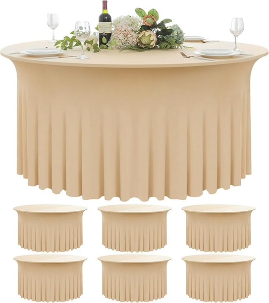 6 Pack Champagne Round Spandex Tablecloth 60 Inch, Wrinkle Free Stretch 120 Inch Fitted 5ft Champagne Table Cloths Round Table Covers with Ruffle Skirt for Party Wedding Banquet