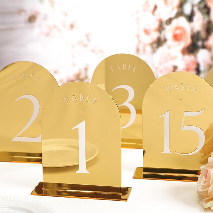 UNIQOOO Gold Mirror Arch Wedding Table Numbers with Stands 1-20, 5x7 Acrylic Display Signs and Holders, Pack of 20, Perfect for Centerpiece, Reception, Decoration, Party, Anniversary, Event