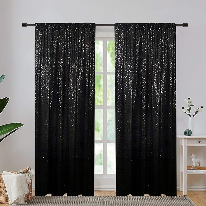 Eternal Beauty Black Sequin Backdrop Curtains, Halloween Shimmer Back Drop 4Panels-2FTx8FT for Christmas, Party, Birthday, Photography, Wedding, Baby Shower Event Decoration