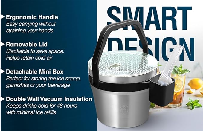 Insulated Ice Bucket with Lid & Scoop-XL Double-Walled, bar Essentials for Entertaining, Holiday Party, Stainless Steel Wine Chiller, Beverage Tub with Handle, Bottle Opener, Great Gift(Steel Black)