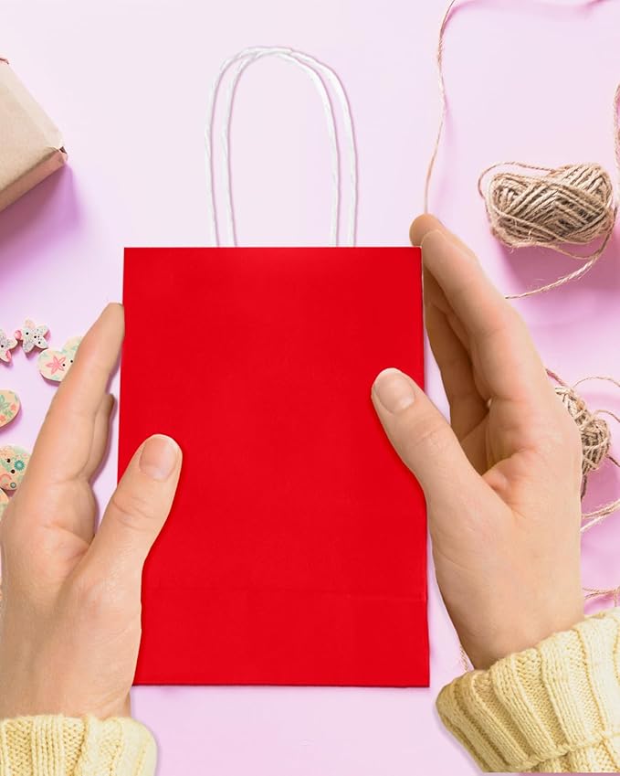 Bakepacker 100 Pcs Red Mini Paper Gift Bags with Handles 6"x4.5"x2.5" Party Favor Bags Multiple Uses (Mini size)