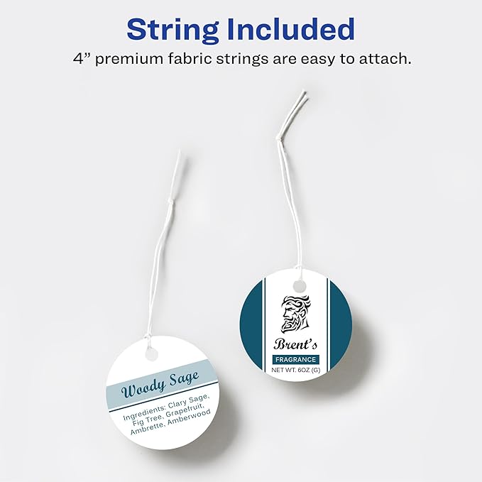 Avery Round Tags, Sure Feed Technology, 2" Diameter, Matte White, Strings Included, 120 Total, Print-to-The-Edge, Laser/Inkjet Printable (80512)