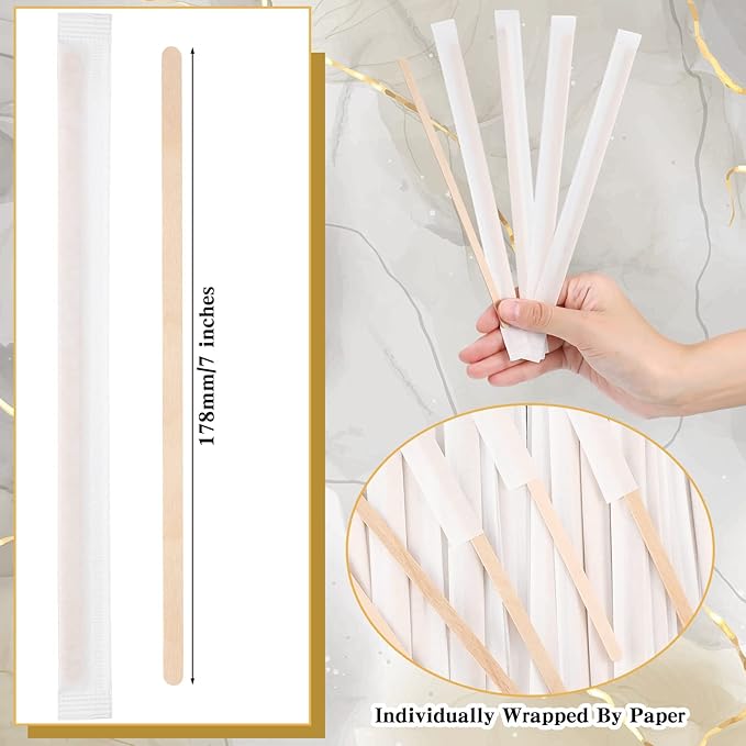 3000 Pcs Individually Wrapped Wooden Coffee Stirrers, Disposable Coffee Stir Sticks Round End Sticks Bulk Wood Stirrers for Cocktail Hot Drinks Restaurant Bar Home Office (7 Inch)