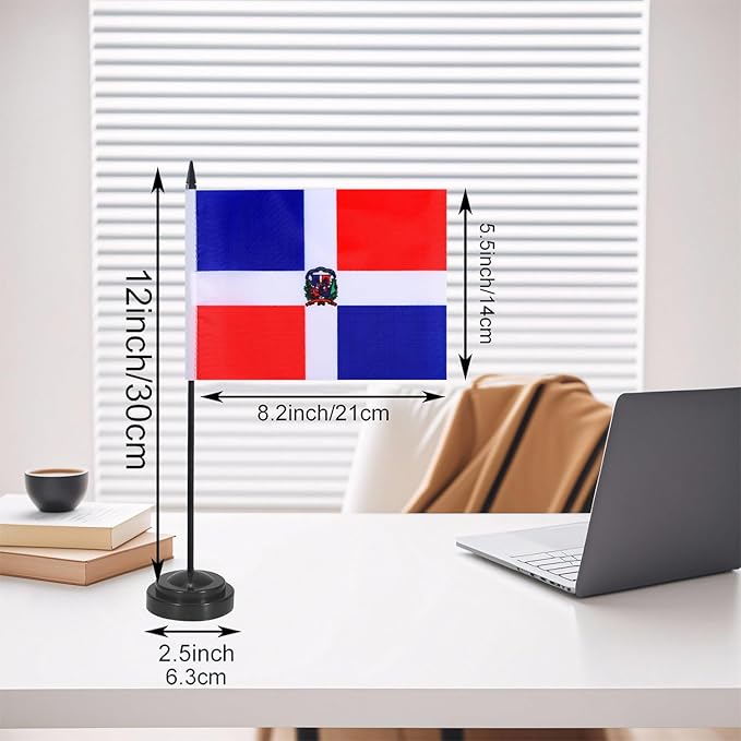 Dominican Republic Desk Flag 12" Solid Pole Deluxe Set Dominican Republic Flags Banner Mini Small Dominican Office Table Flags with Black Stand Base Desktop Decorations(2Pack)