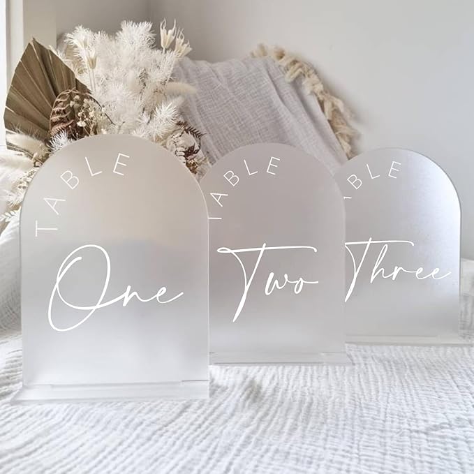 JINMURY Frosted Arch Wedding Table Numbers 1-15 with Stands, 5x7 Inch Frosted Arch Acrylic Sign with White Letters, Arched Acrylic Table Numbers for Wedding Reception