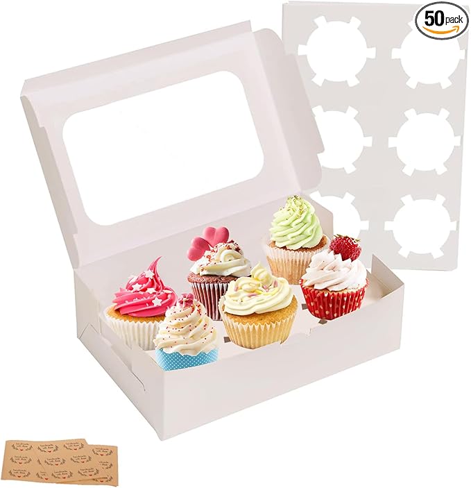 Yeplan 50 Packs Cupcake Boxes,9.4x6.1x3.14 Inches 6 Count Cupcake Box,White Cupcake Containers with Clear Window and Six Treat Holder,Pastry and Cookie Boxes,Bakery Boxes
