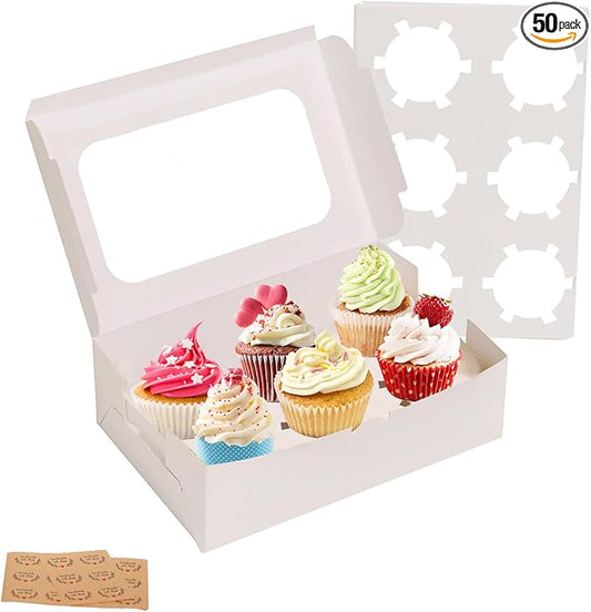 Yeplan 50 Packs Cupcake Boxes,9.4x6.1x3.14 Inches 6 Count Cupcake Box,White Cupcake Containers with Clear Window and Six Treat Holder,Pastry and Cookie Boxes,Bakery Boxes