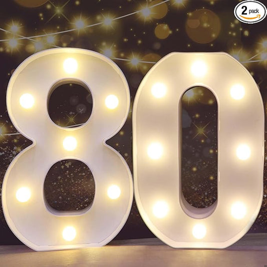 Pooqla Decorative LED Light Up Number Letters, White Plastic Marquee Number Lights Sign for 80th Birthday Party Wedding Decor, Battery Operated (80)