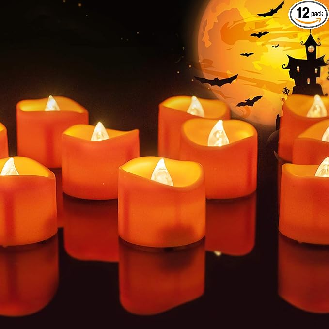 Homemory Halloween 12 Pack Orange Tea Light Candles, Battery Operated LED Tealights, Small Pumpkins Lights, Flameless, Electric Fake Tea Candles, 1.4"x1.25"