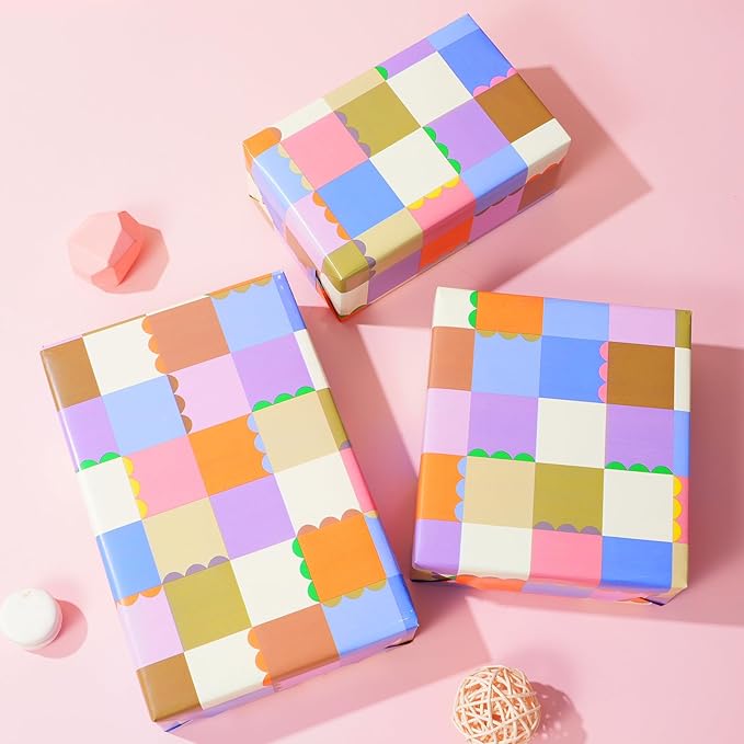 Ulmasinn Color Block Wrapping Paper Roll - 17 Inches x 33 Feet - for Girls Boys Kids, Colorful Square Patterned Gift Wrapping Paper with Scalloped Edges for Birthday Party, Holidays, Weddings