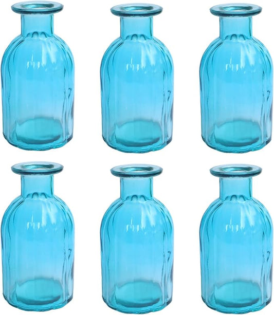 6 Sets Glass Bud Vase Small Vases for Flowers, Blue Vase Set for Centerpieces Home Decorative Mini Bud Vases in Bulk, Round Vintage Glass Bottles,2.85"X 5.4"