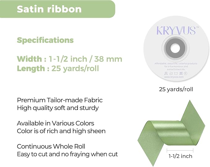 Sage Green Satin Ribbon 1-1/2 inch X Continuous 25 Yards, Single Face Polyester Ribbon Perfect for Gift Wrapping, Flower Bouquet, Wedding Decor, Crafts, Bow Making, Sewing and More