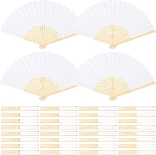 Aneco 36 Pieces Handheld Paper Fans Paper Folding Fans with Bamboos for Wedding Gift, Party, Home, DIY, White