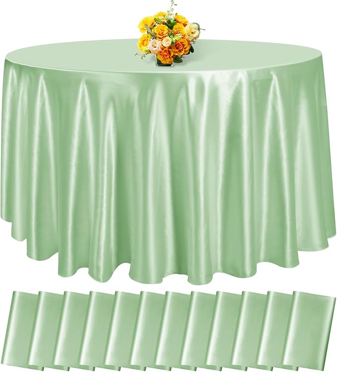 fani 12 Pack 108 Inch Sage Green Satin Tablecloth - Silky Round Tablecloth Overlay Smooth Fabric Table Cover, Bright Table Decoration for Wedding Party Banquet Events Restaurant Kitchen Dining