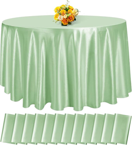 fani 12 Pack 108 Inch Sage Green Satin Tablecloth - Silky Round Tablecloth Overlay Smooth Fabric Table Cover, Bright Table Decoration for Wedding Party Banquet Events Restaurant Kitchen Dining
