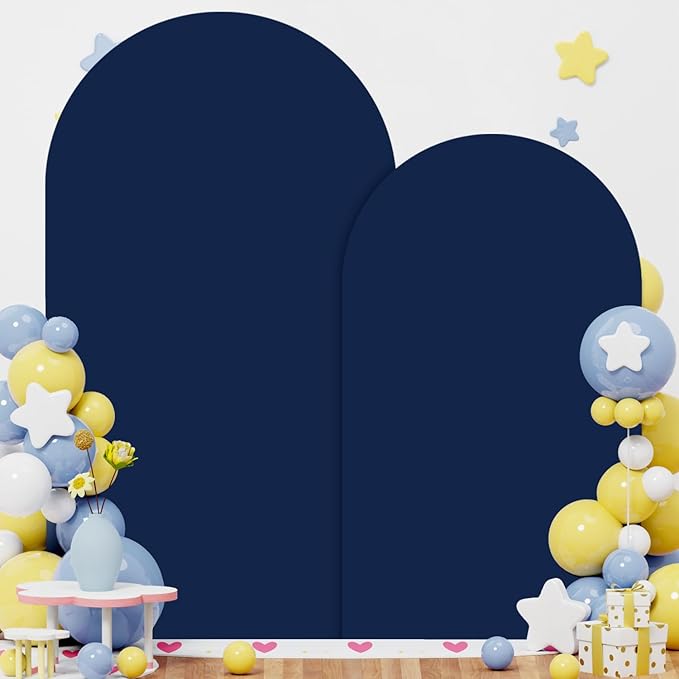 Party Arch Backdrop Stand and Cover Set 6FT 7.2FT Navy Blue Spandex Arch Covers Gold Metal Arch Stand Backdro Chiara Balloon Arched Stand Frame with Covers for Birthday Party Reception Decor