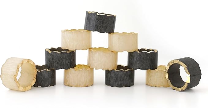 12 Pieces Epoxy Resin Napkin Rings - Farmhouse Napkin Rings Holder for Wedding, Banquet, Adornment for Table Settings, Boho Style for Dining Table, Wedding (Black & Cream)- ALPHA Living HOME