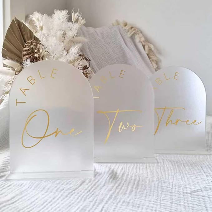 JINMURY Frosted Arch Wedding Table Numbers 1-15 with Stands, 5x7 Inch Acrylic Arch Sign with Golden Lettering, Frosted Acrylic Table Numbers for Wedding Reception