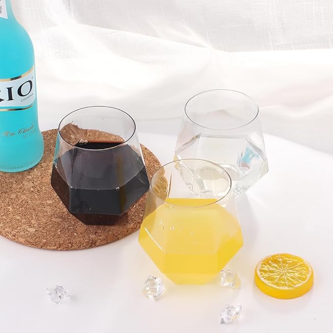 32pcs 12oz Disposable Wine Glasses Plastic Wine Glass Clear Plastic Stemless Unbreakable Shatterproof Glassware Recyclable Diamond Design