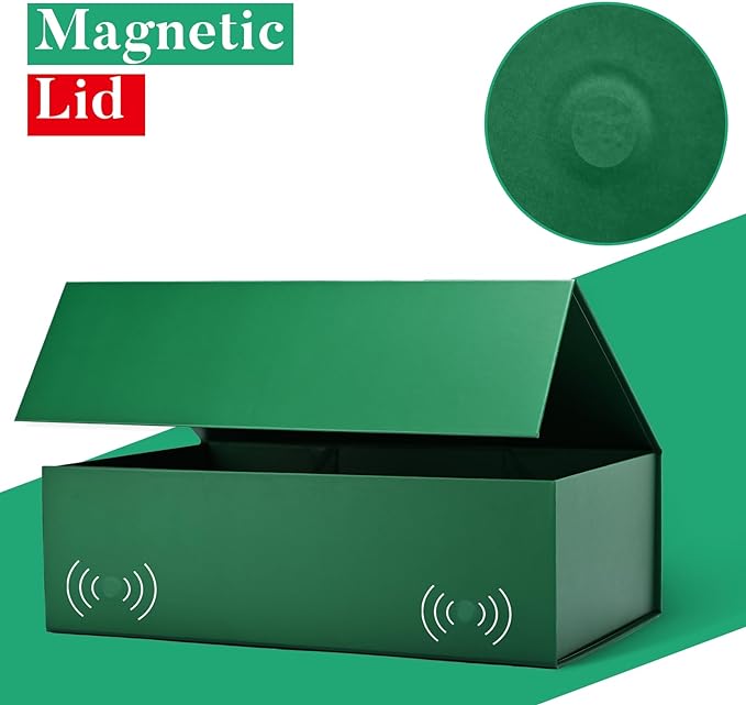 LIFELUM Gift Boxes with Lids 2 Pack 13.85 x 8.35 x 4.45 inch Green Christmas Gift Boxes with Strong Magnetic Lid for Presents with Luxury Accessories Card, Ribbon, Filler,Sticker