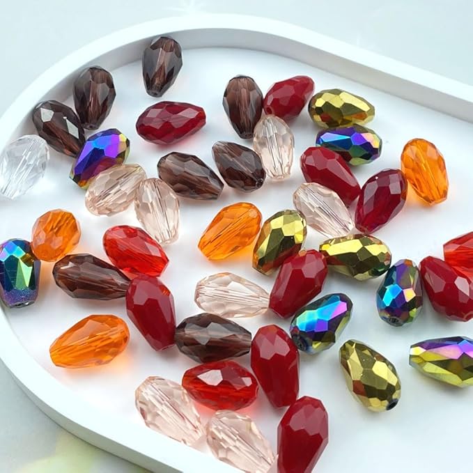 40pcs 10x15mm Teardrop Crystal Glass Beads Vertical Hole Faceted Loose Spacer Beads for DIY Craft Jewelry Making Necklace Bracelet Earring Wind Chimes(Red Series)