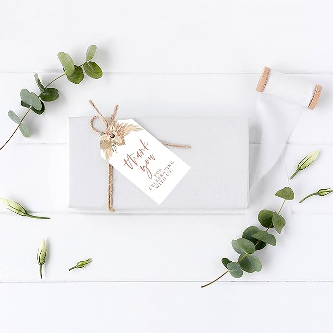 Andaz Press 100-Pack Thank You for Celebrating with Us Favor Tags Boho Dried Palm Leaves Cardstock Gift Tags with Bakers Twine for Wedding Baby Shower Bridal Shower Party Favors 2 x 3.75-Inches