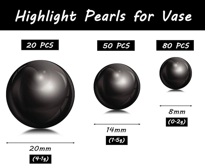 150Pcs Black Polished No Hole Faux Pearl Beads for Vase Filling Decorations, Plastic Pearls Vase Fillers, Table Scatters, Wedding Centerpiece, Home Decor, 8/14/20 mm