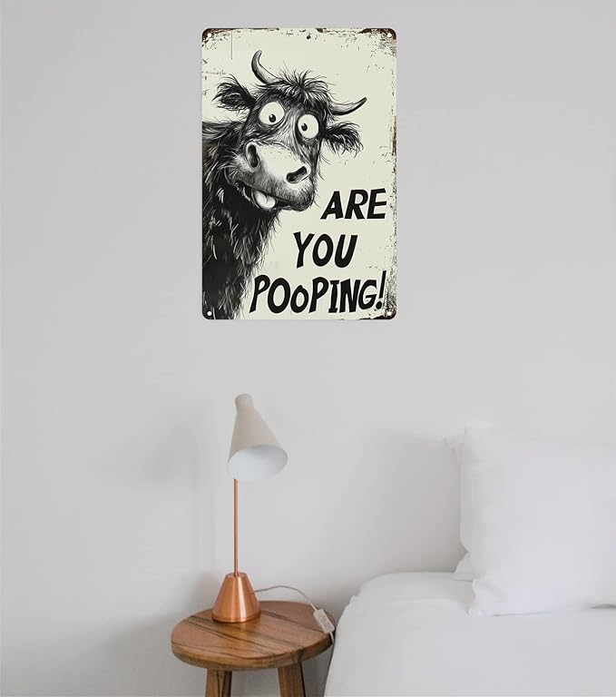 Funny Highland Cow "Are You Pooping!" Tin Sign - 8x12 Inch Vintage Metal Wall Décor, Humorous Bathroom & Farmhouse Rustic Wall Art for Indoor & Outdoor