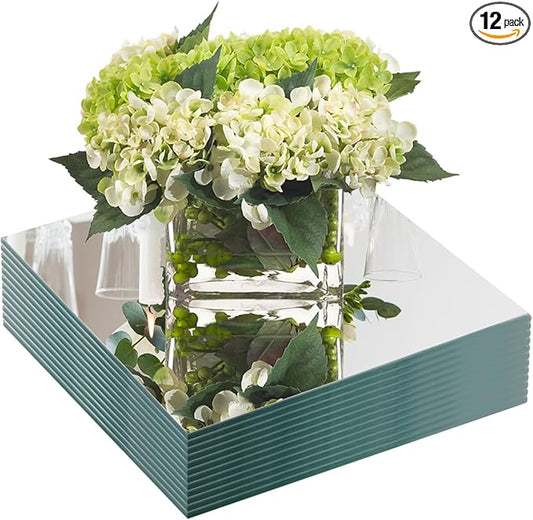 JAMBALAY 8" Square Mirror Centerpieces for Tables, Glass Mirror Plates for Table Centerpieces, Mirror Tray for Wedding & Party Decorations, 2mm Set of 12 Mirror Table Centerpieces for Tables
