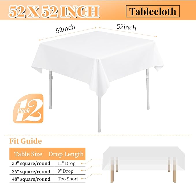 fani 12 Pack Square Tablecloth 52 x 52 Inch, White Tablecloth for Square Table, Washable Polyester Table Cloth, Fabric Table Cover for Wedding Parties Restaurant Buffet