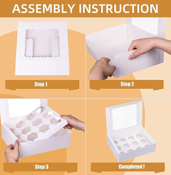 12-Set Cupcake Boxes Hold 12 Standard Cupcakes, Food Grade Cupcake Holders Bakery Carrier Boxes with Windows and Inserts for Cupcakes, Muffins and Pastries (White-12 Pack)