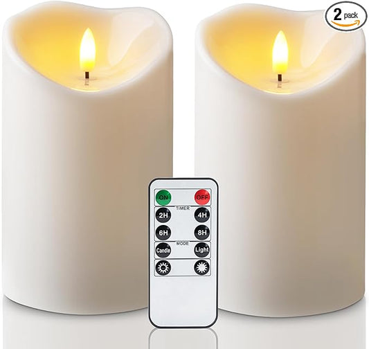 Amagic 4” x 6” Waterproof Outdoor Flameless Candles with Remote, Large LED Candles Battery Operated with Timer, Flickering Fake Pillar Candle for Patio Yard Porch Decor, Ivory White, Set of 2