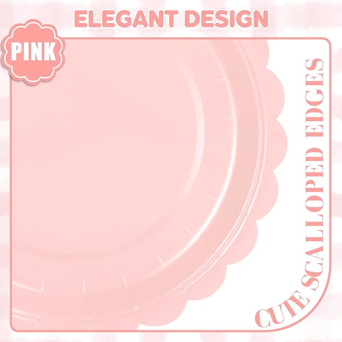 48 Pcs Pink Paper Plates 9 Inch Scalloped Dessert Plates - Disposable Pink Cake Plate - Baby Shower Birthday Party Wedding Bridal Party Supplie
