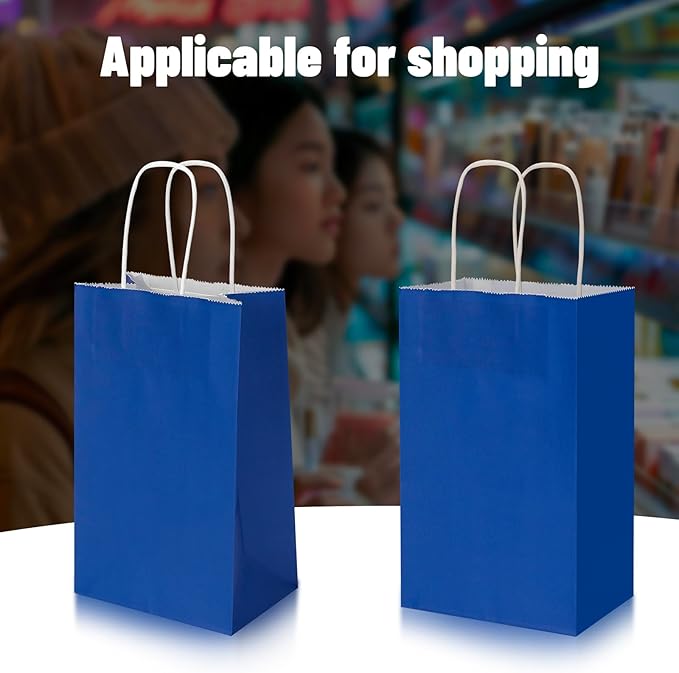 50 Pack 5.25x3.25x8.25 Inch Small Royal Blue Kraft Paper Bags with Handles Bulk, Toovip Gift Wrap Bags for Favors Grocery Retail Party Birthday Shopping Business Goody Craft Merchandise Take Out Sacks