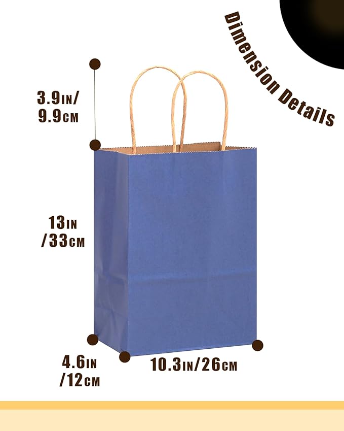 qiqee 100PCS Gift Bag with Handles Bulk Kraft Deep Blue Paper Bags Multiple Uses (13''x5 x10 inch Large Size)