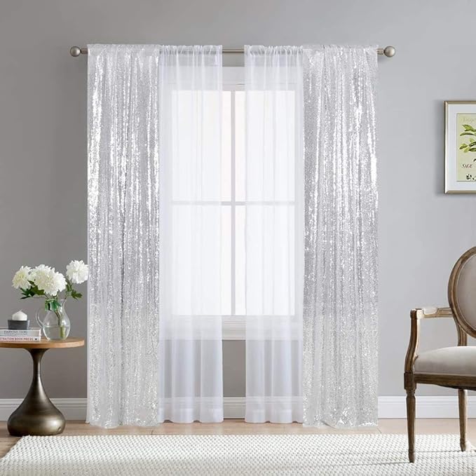 SquarePie Sequin Curtain 2FT x 8FT Silver 2pcs Backdrop Background for Wedding Party Christmas