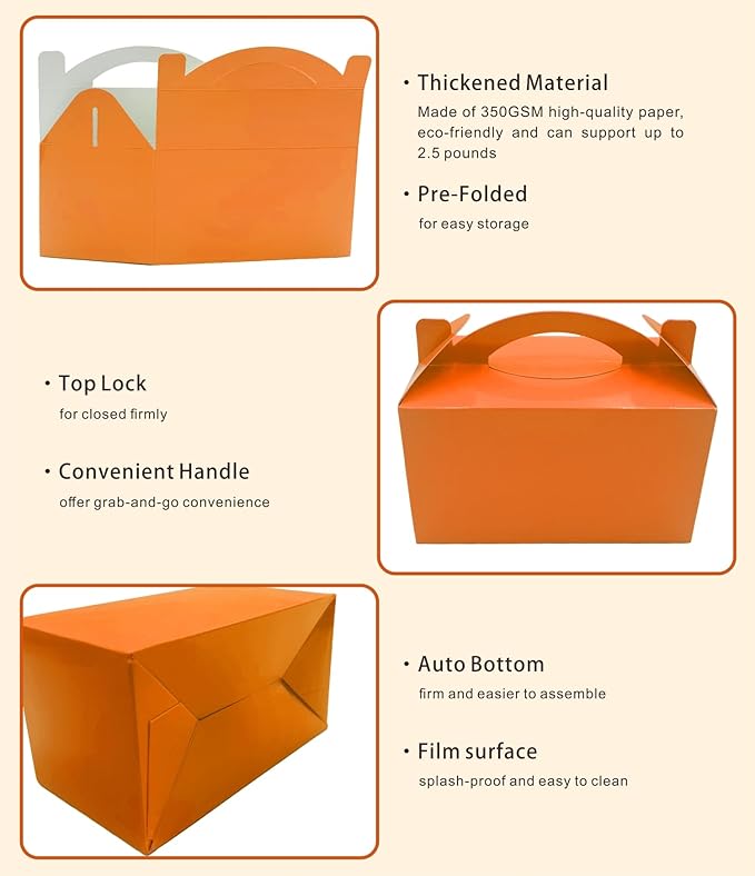 30-Pack Sunset Orange Gable Treat Boxes with Handles, 6" Pop-Up Party Favor Gift Boxes for Birthday,Wedding,Baby Shower, Eco-Friendly Candy, Cookie, Goodie Bags for Kids, Bachelorette Decor