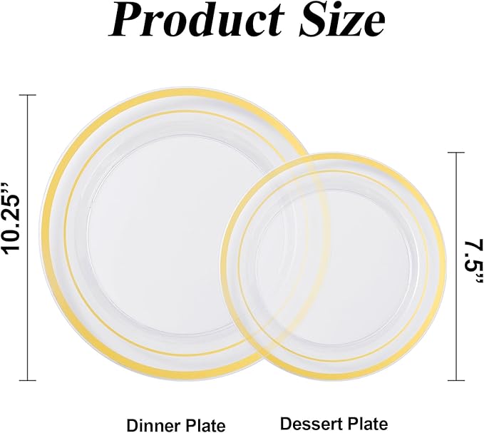 200PCS Gold Plastic Plates Set, 100 10.25 inch Dinner Plate and 100 7.5 inch Dessert Plates, Premium Disposable Plates for Party, Wedding
